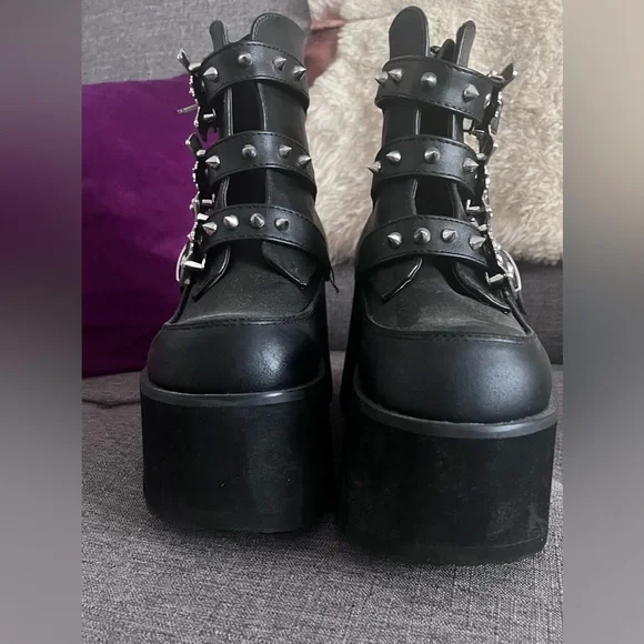 Demonia Black Ankle Boots with Silver Accents - Picture 4 of 6